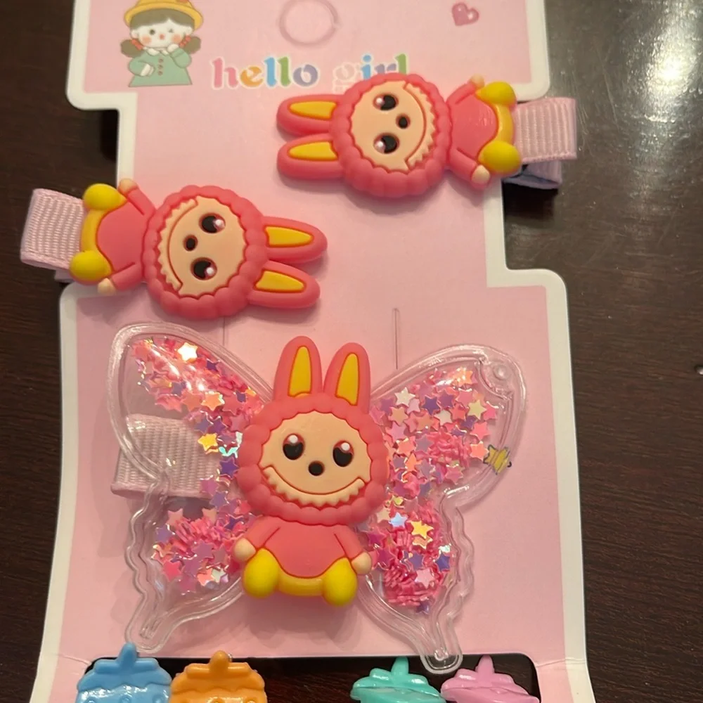 Pink cartoon labubu monsters Hair Clips Set for Kids